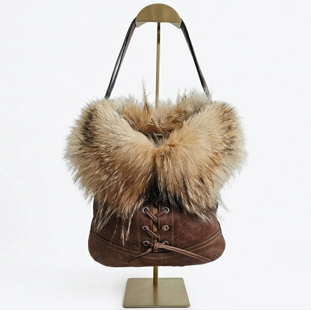 ​Coach Vintage 2004 Archival Coyote Fur Leather Lace Up Hobo 1426 EUC